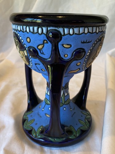 Antique Amphora Czechoslovakia Blue Art Pottery Bohemian Ceramic Vase 3 Handles - Picture 19 of 20