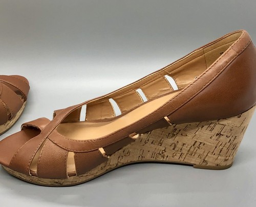Nine West Jumbalia Tan Brown Leather Cork Wedge Peep Toe Sandals Size 8.5M - Picture 7 of 11