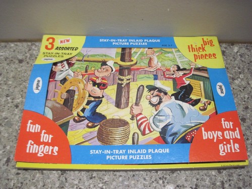 Puzzle vintage set di 3 Jaymar Popeye anni 60 caratteristiche del re resta nel vassoio nos - Foto 2 di 7