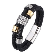 ARMBAND HERREN LEDER EDELSTAHL MAGNETVERSCHLUSS SCHWARZ SILBER GOLD ZIRKONIA