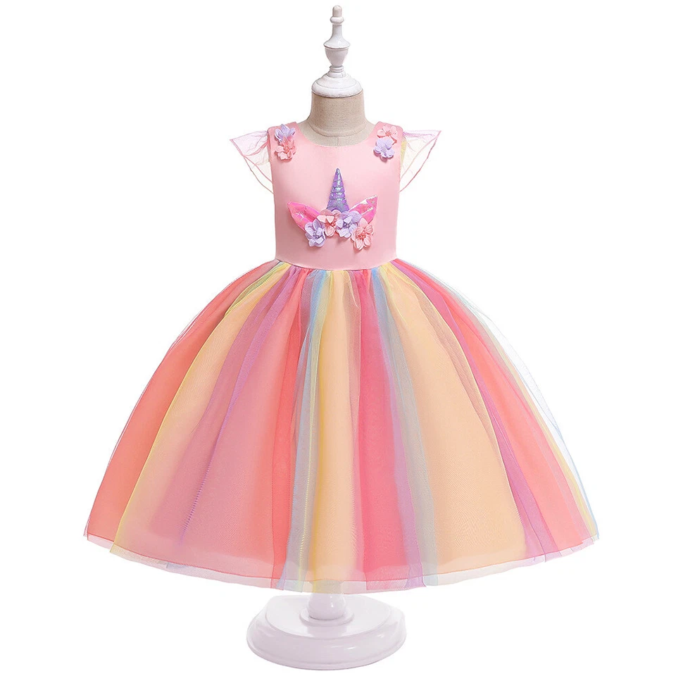 Rainbow Unicorn Girl Dress Party Flower Lace Long Tutu Formal Princess Dresses - Image 3 of 4