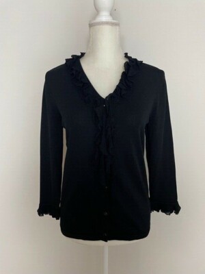 Jones New York Womens Button Down Knit Sweater Size S Black V Neck Ruffle Lace