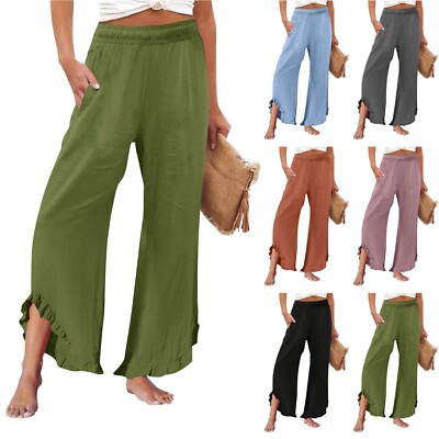 Women's Wide Leg Beach Palazzo Pants Elastic Waist Casual Comfy Baggy  Trousers