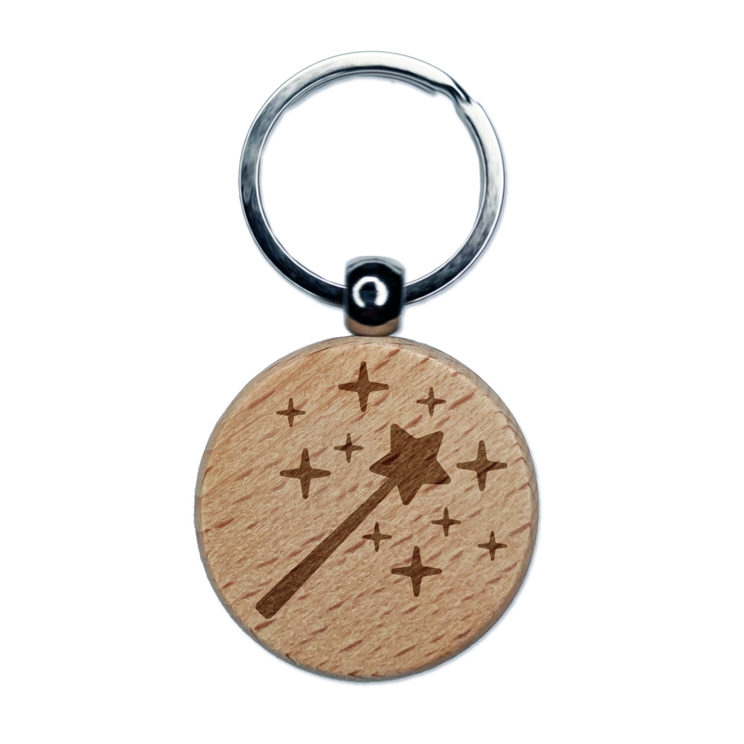 Magic Fairy Wand Engraved Wood Round Keychain Tag Charm