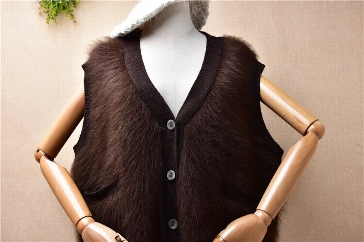 Mink cashmere mohair angora knit bark brown fur sleeveless sweater cardigan lux