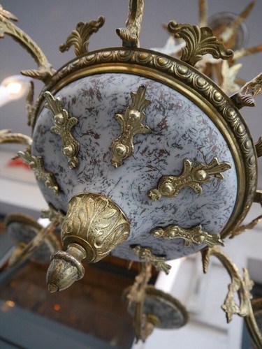 OLD BRASS EMPIRE CHANDELIER WHITE COLORED VARNISH 8 LIGHTS FRENCH Ø 24" - Picture 6 of 6