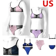 Men's Bra Tops with Girly Panties 2Piece Sissy Shiny Satin Cross Dresser Set