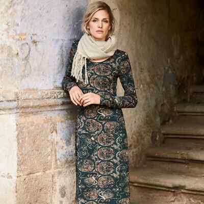 NWT Peruvian Connection MING Dress Cotton Maxi Long Sleeve Dark Teal Print sz M