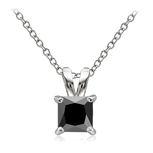 925 Sterling Silver 2ct Black Cubic Zirconia 7mm Square Solitaire Necklace - Picture 1 of 3