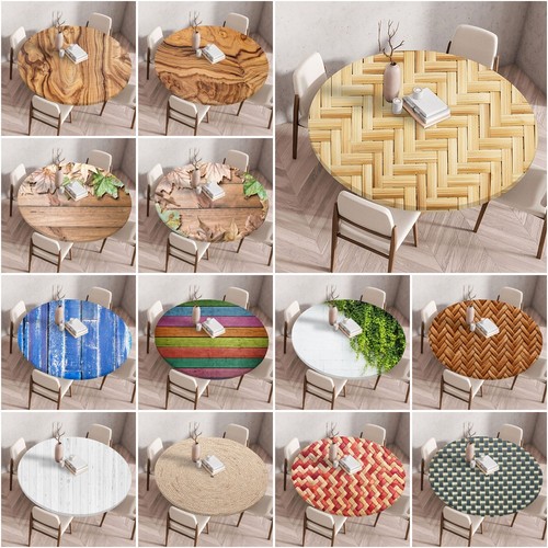 Wood Grain Leaves Round Tablecloth Kitchen Bar Elastic Edged Fitted Table Cloths
