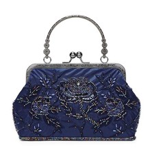 1920s Vintage Clutch Purse Beaded Evening Bag for Women Formal Bridal Blue- a