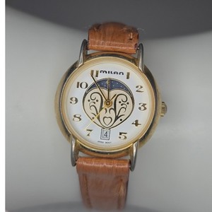 Vintage Milan Moon Phase Quartz Watch Gold Tone Cracked Strap Needs Battery
