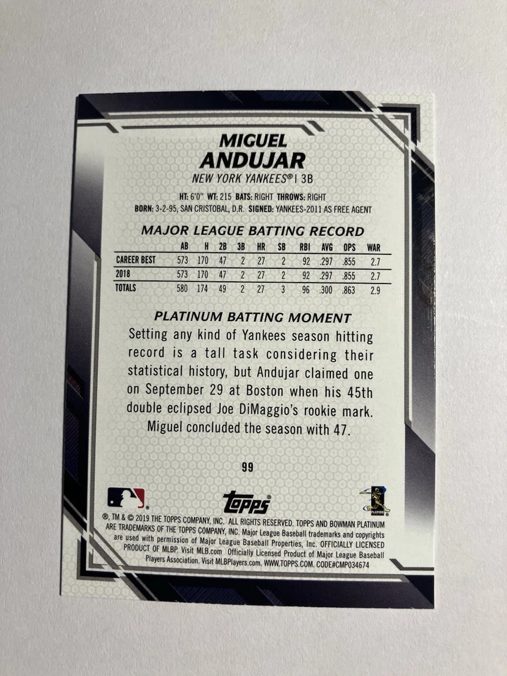 Miguel Andujar 2019 Bowman Platinum Baseball #99 New York Yankees - Image 2 of 2