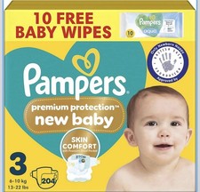 Pampers Premium Protection New Baby Size 3, 204 Nappies, 6kg-10kg, Monthly Pack 0.20 per nappy