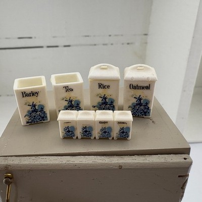 Vintage Dollhouse Canister Spice Set 1:12 Miniature Plastic Blue Windmill Delft