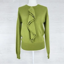 Saks Fifth Avenue Cashmere Sweater Womens M Lime Green Ruffled Luxury Preppy