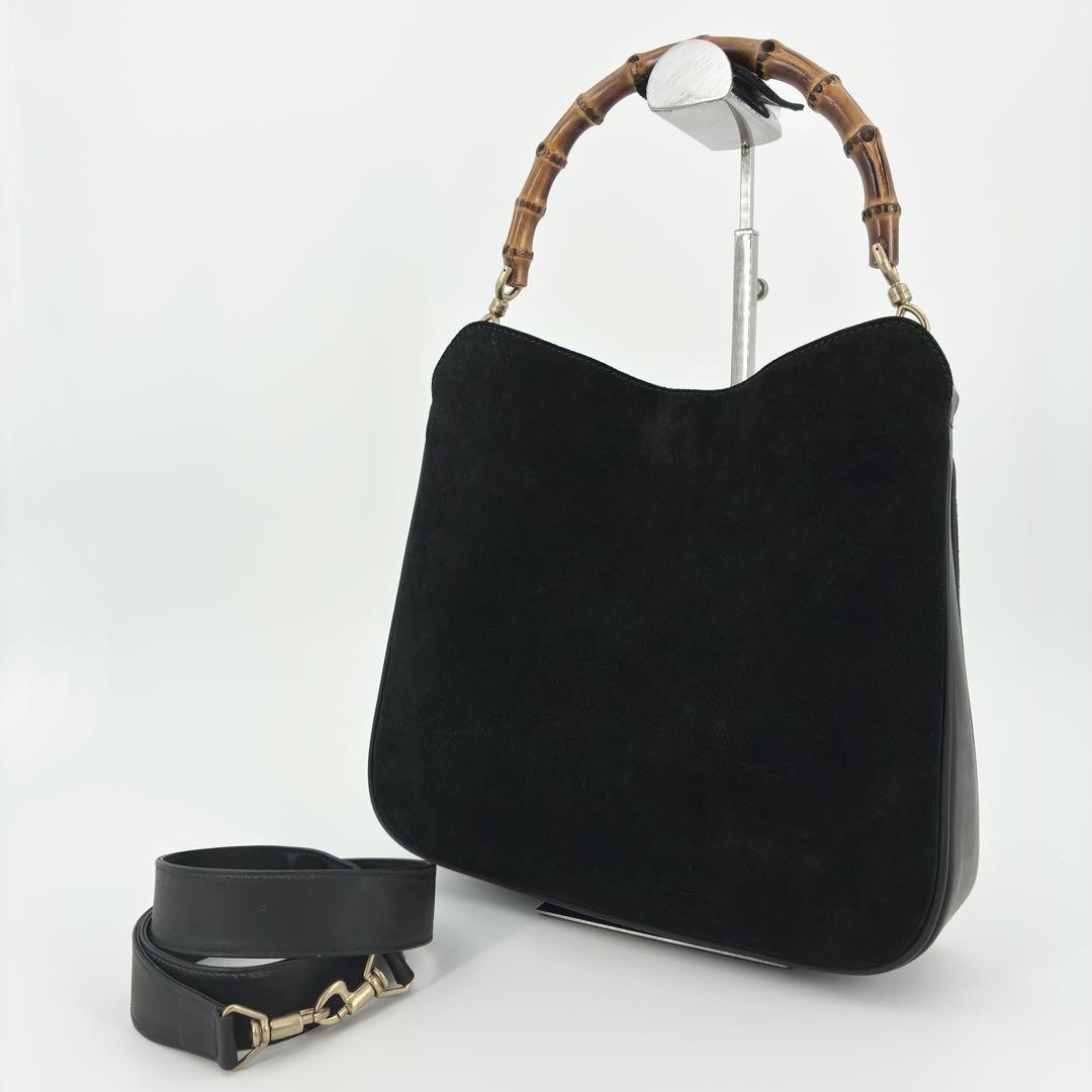 Gucci Bamboo Suede 2-Way Shoulder Tote Handbag Black Made in Italy