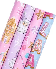 30 Inch Christmas Wrapping Paper Roll - Jumbo Roll Pastel Pink Purple Gingerbrea