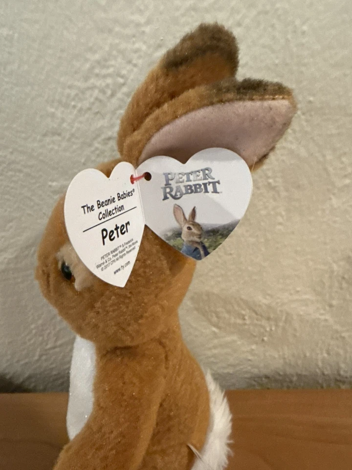TY Peter Rabbit Plush Brown Beanbag Easter Decor 9" Heart Tag No Coat - Image 3 of 4