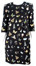 ALEXANDER McQUEEN Black Curiosity Print Crepe Half Sleeve Sheath Dress 42