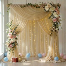 10 FT x 8 FT Champagne Backdrop Curtain - Tulle Backdrop Curtain with Lights