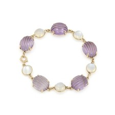 Vintage 14k Yellow Gold Carved Art Deco Amethyst Moonstone 8 Bracelet #JB691-3