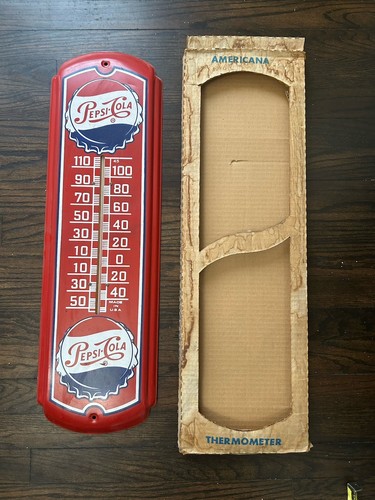 Vintage Retro Pepsi Cola Thermometer Made in USA Blechschild rot mit Box funktioniert