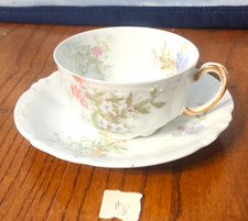 J.P. Limoges France Porcelain Tea Cup  Saucer Floral White Gold Handle 2pc