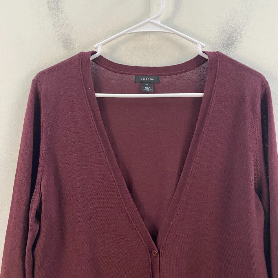 Cárdigan suéter mediano halógeno para mujer Top lana púrpura granate botón cuello en V Foto 2 de 4