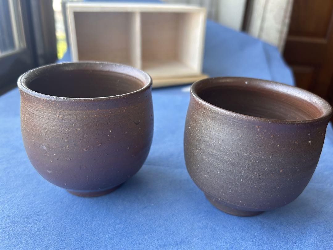Zikisai Brown Ceramic Tea Cups Set of 2 with Wooden Box, 8cm