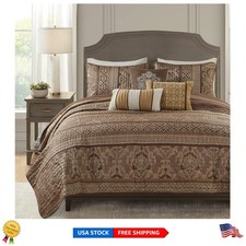 Rich Brown/Gold 6-Piece Damask Quilt Set - King/Cal King Size Luxury Bedding