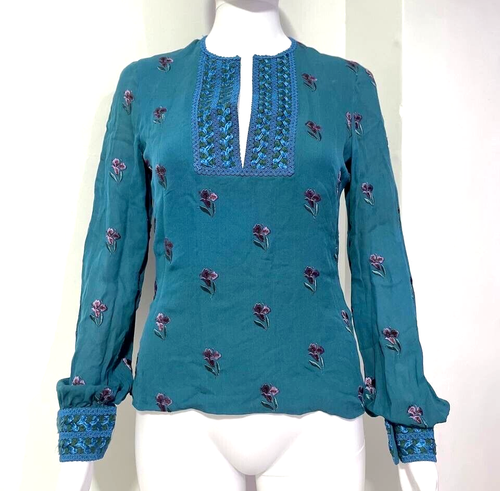 ANDREW GN PARIS FLORAL EMBROIDERED SILK LONG SLEEVED TOP BLUE SIZE S - Picture 4 of 13