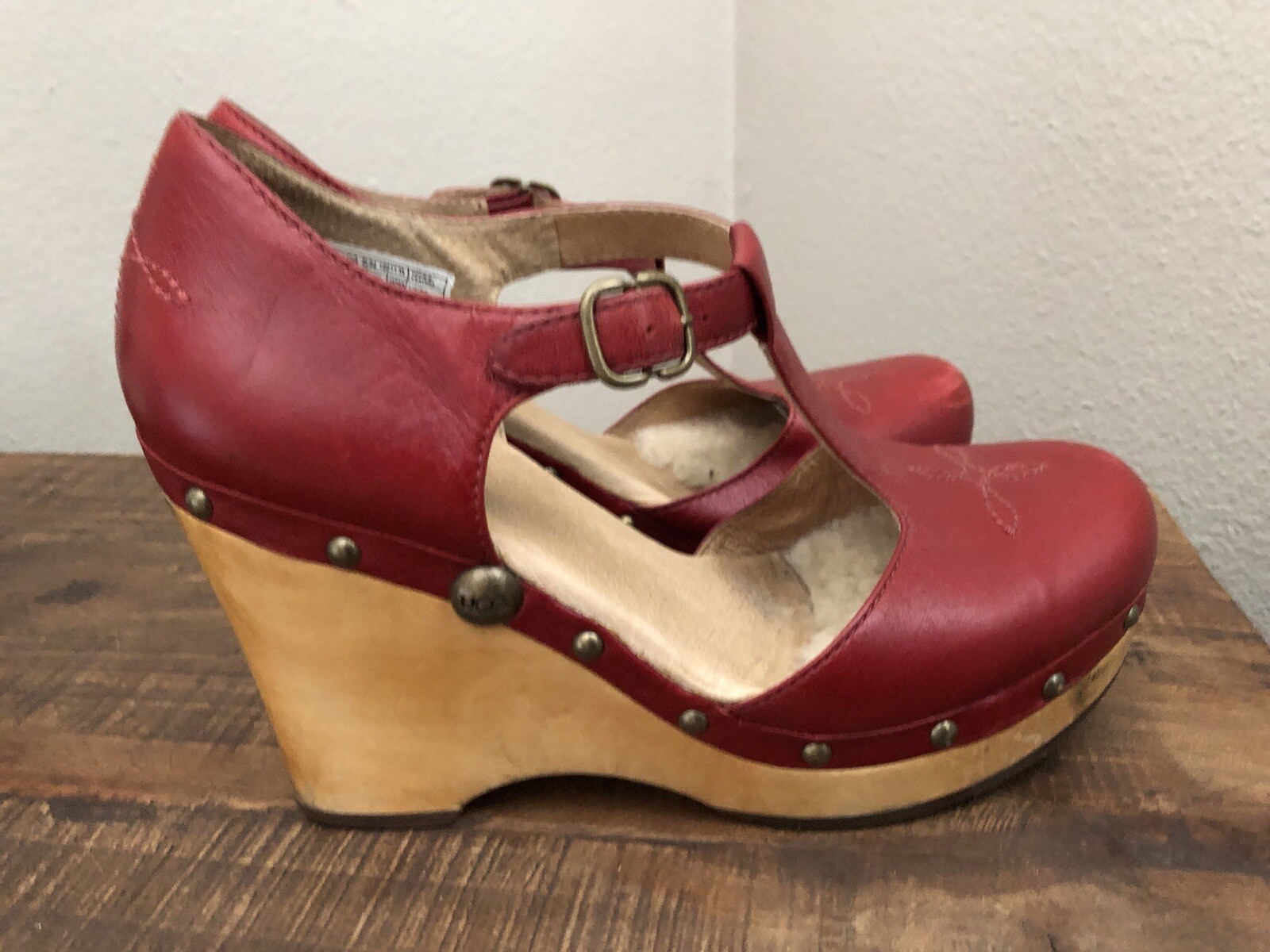 UGG Australia Women's Chrissie Red Leather Mary Jane Sheepskin T Strap  Wedge 8 | eBay