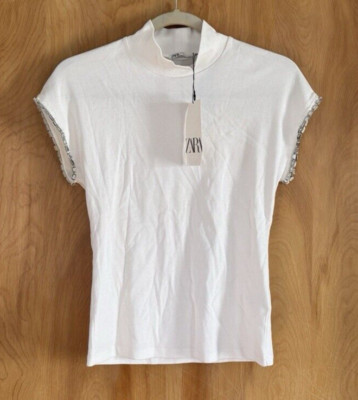 Zara Knit Embellished Beaded Sleeve Trim High Neck Short Sleeve Top Size M NWT