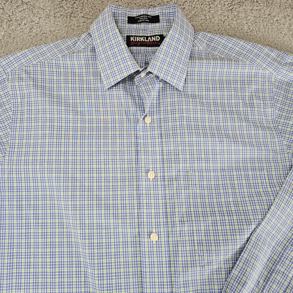 Camisa de vestir Kirkland Signature para hombre grande 15,5 33 azul verde a cuadros ajuste a medida Foto 2 de 4