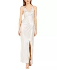 NWT Eliza J Metallic Gold V-Neck Side Pleated Holiday Party Maxi Dress Gown Sz14