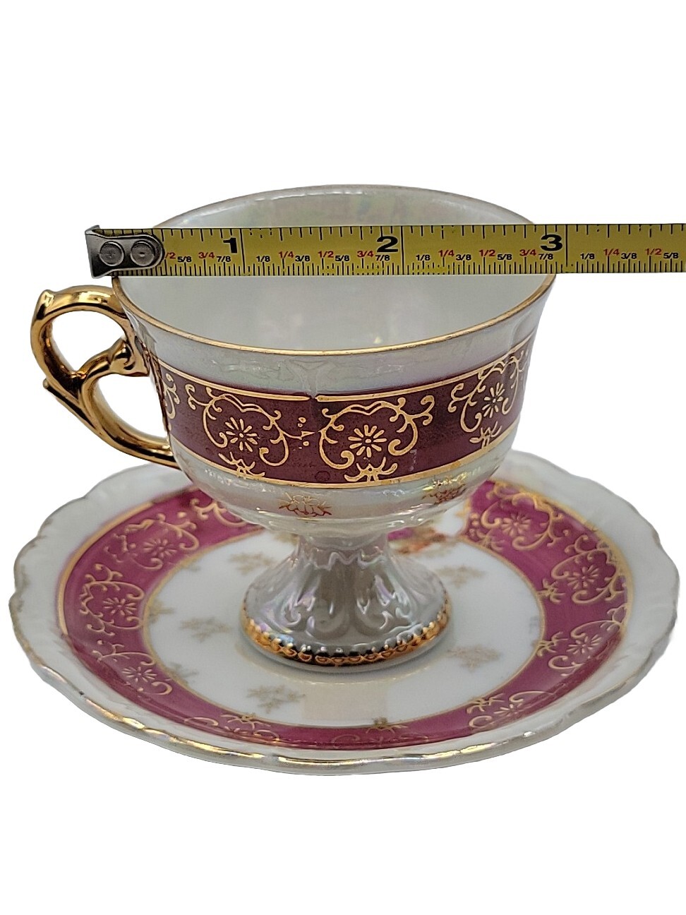 Red Demitasse Courting Couple Footed Gilded Small Cup and Saucer Vintage Japan