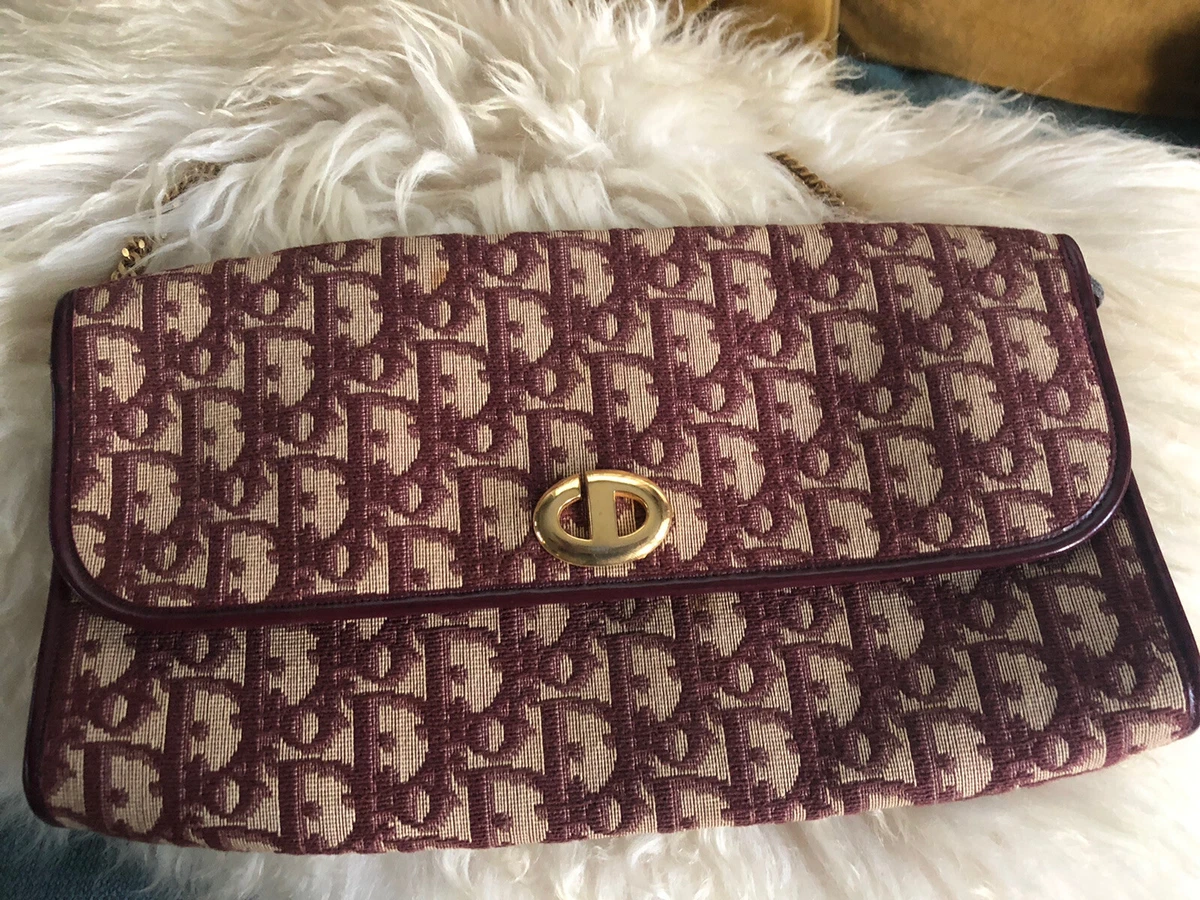 vintage CHRISTIAN DIOR Chain Shoulder Clutch Bag Canvas Leather Bordeaux  rare