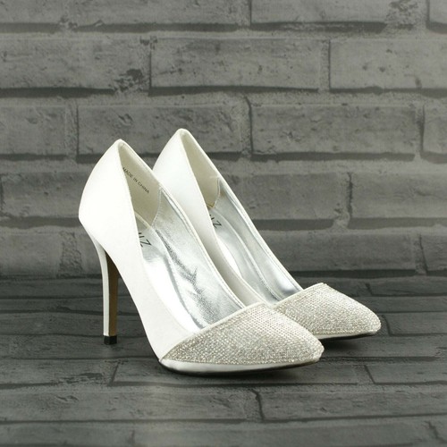 WOMENS LADIES SILVER HIGH HEEL DIAMANTE BRIDAL PROM EVENING COURT SHOES SIZE NEW - Picture 4 of 10