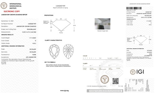 Elegant 1.71 Carat D Color VVS2 Clarity IGI Certified CVD Lab Grown Pear Diamond - Picture 2 of 9