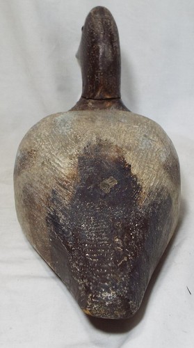 Old WOODEN Brown & Grey Flat Bottom DUCK DECOY Glass Eyes Orig Paint Marked CT - Picture 7 of 9