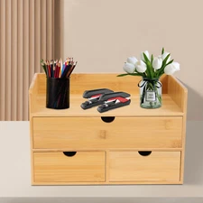 Raw Wood Color Tabletop Storage Box Bamboo Desk Organizer 3 Drawers Home Office