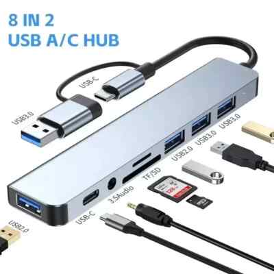 8 in 1 USB-C & USB-3.0 to Multifunction Splitter Docking Hub for MacBook Laptop