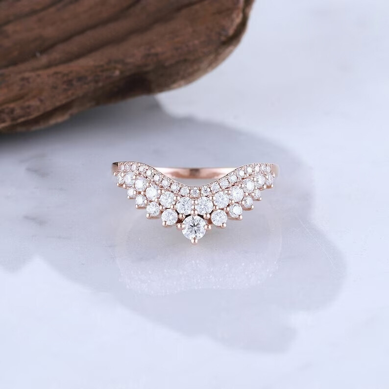 Moissanite Chevron Wedding Band for Women Curved Stackable Tiara Crown Ring-image