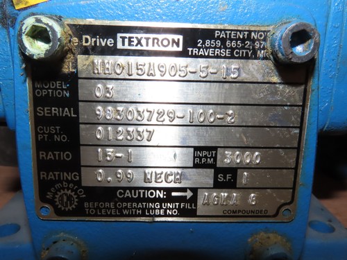Cone Drive MH015A905-5-15 Gearbox 15:1 Ratio 1Hp 3000/200rpm Dual Output 48 Fr - Picture 2 of 12
