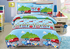 Blue Trucker 4 Pcs Twin / Full Size Kids Boys Girls Quilt/ Shams/ Cushion Set