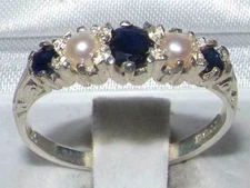 Antique Style Sterling Silver Natural Sapphire & Pearl Ring- Fully Hallmarked