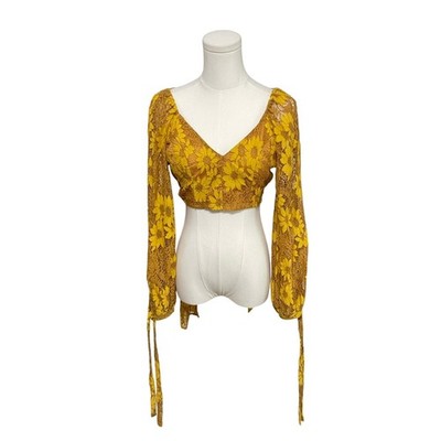 Hyfve Floral Lace Crop Top Yellow/Brown Size Small Tie Back V-Neck Open Back