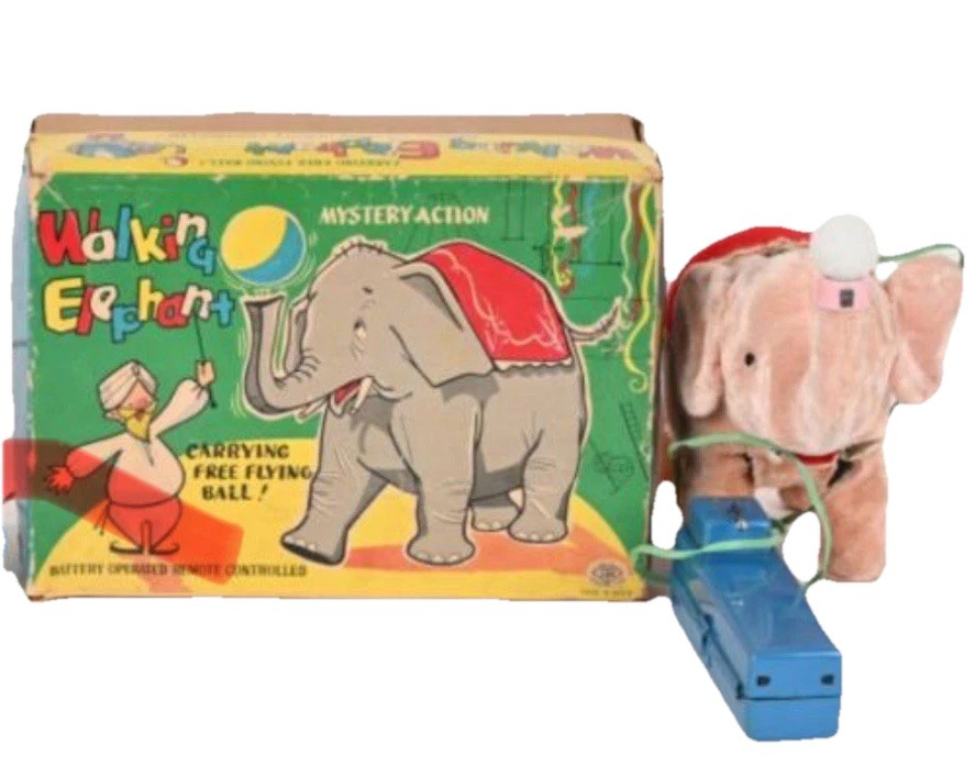 Walking Elephant Vintage Toy With Blowing Ball, Original Box