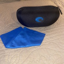 Costa Del Mar Sunglasses Zip Up Hard Shell Black Blue Logo Case Cleaning Cloth